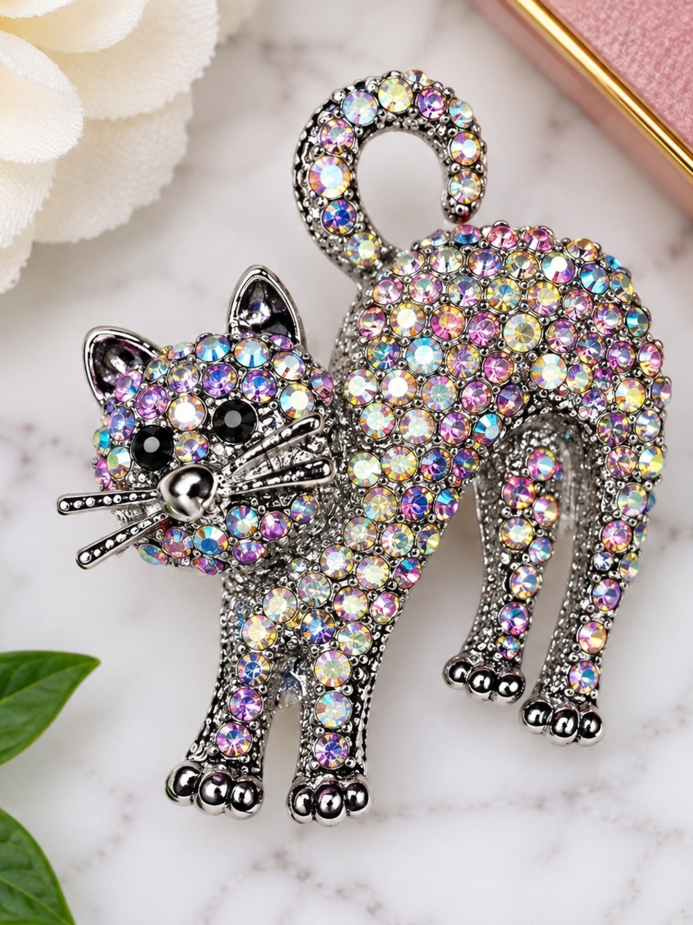 Iridescent Rhinestone Cat Brooch 🐱✨